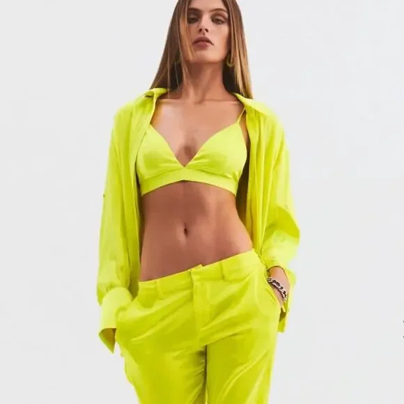 NEW Ser.O.Ya by Retrofête Cayne Silk Shirt - Neon Lime Yellow - XS - $375 - Picture 4 of 12